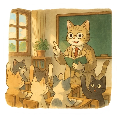 cat teacher asking questions to student cats, students raising hands, classroom atmosphere, warm and friendly scene, ghibli style sticker