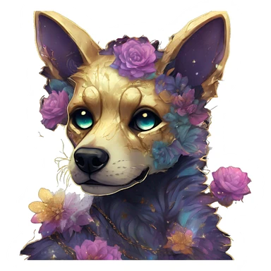 iridescent kintsugi fluffy zombie black brown gold dog fox head zombie skeleton gold mechanical nebula galaxy stars colorful flowers fairy lights vintage zombie sticker