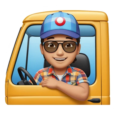 Cute emoji style illustration of a Peruvian truck driver, smiling young “chofercito carretero”, wearing baseball cap, sunglasses, plaid shirt, leaning out of a Hino 500 truck window, vibrant colors, bold outlines, glossy 3D emoji style, sticker design, transparent background sticker