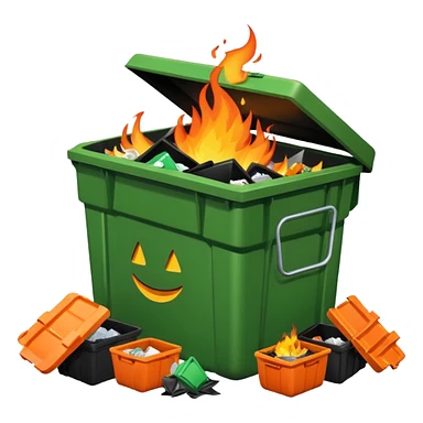 Green dumpster with a black partially open lid. surrounded by pieces of trash on the ground arount it. orange flames are buring lare an bright inside the dumpster. dumpster is smiling sticker
