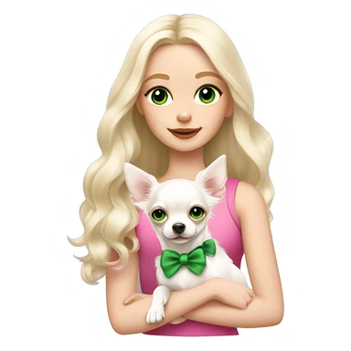 pale blond girl with wavy long platinum hair with green eyes holding a white chihuahua puppy that wearing a pink bow sticker