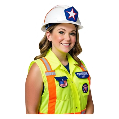  caitlin clark is a construction worker wearing a patriotic dress with a neon yellow safety vest over the dress. she also has a hard hat and a patriotic patch on the vest sticker