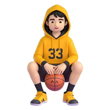 Remove any basketballs and remove his shoes, keep the boy kid in a ring sitting pose, black hoodie (hood off), smirk, black crew socks, black messy hair, black basketball shorts, yellow skin, Microsoft 3D emoji style, with no background. sticker