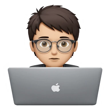 Apple Memoji-style 3D avatar, young man with light skin, short messy dark brown hair, black rectangular glasses, sitting behind a silver laptop with only eyes visible, cute minimal plastic look, smooth shapes, studio light, pure white background, centered, 1:1, ultra clean, 4k sticker