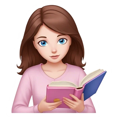 woman with brown hair and blue eyes reading a light pink romance book sticker