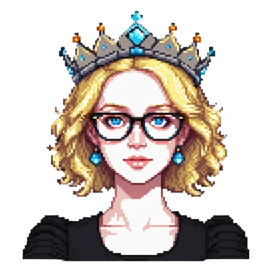 beautiful princess with blonde hair, bright blue eyes, wearing stylish glasses and a crown sticker