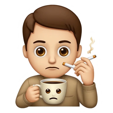 Create an emoji that is tired of life with big eye bags and annoyed. He needs to have a coffee and a used cigarette next to him or his hands  sticker