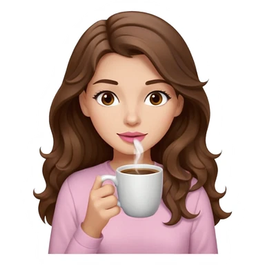 girl with wavy long brown hair, brown eyes, light to medium complexion, long lashes, light pink lipstick, wearing light pink shirt, sipping coffee sticker