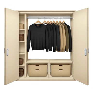 Cute closet with door ajar revealing black long sleeve shirts, sweaters, and khaki work pants hanging organized sticker