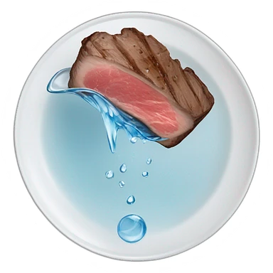 glass of water suspended horizontally in the air above a slice of rare steak on a plate, the water pouring out onto the top of the steak sticker