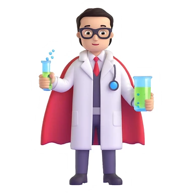 chemistry superhero with cape and lab coat holding a bubbling flask sticker