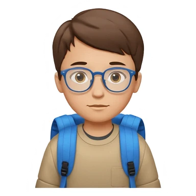 a boy with short brown hair and blue eyes, glasses, backpack sticker