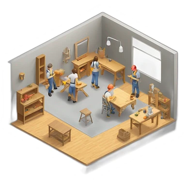 isometric square transparent solid outline border containing indoor woodshop people actively working grey floor sticker