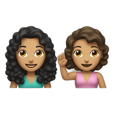 tan mid-sized woman with black curly hair shakes hands with a mid-sized pale woman who has straight brown hair sticker