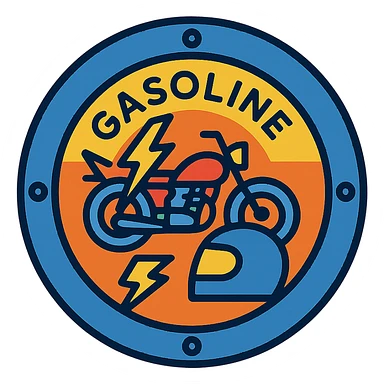 circular motorcycle gas cap design, transparent background, text 'GASOLINE', motif: lightning, motorcycle, helmet, dynamic style sticker