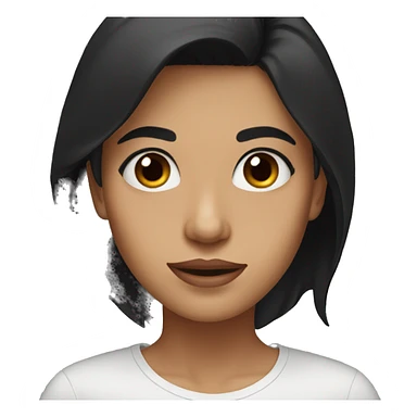 woman with big brown eyes, black hair with a white streak, black shirt sticker