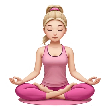 white woman with ponytail hairstyle in lotus position meditation yoga pose, closed eyes, relaxed face, wearing pink yoga outfit sticker