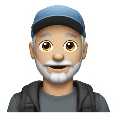 blue eyed man, with grey hair,  grey goatee, wearing ball cap, holding long hair black chihuahua sticker