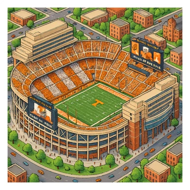 Изометричная, яркая, детализированная и фотореалистичная иллюстрация стадиона Neyland Stadium в стиле 3D-коллажей городов, насыщенные цвета, аккуратные линии, мультяшно-реалистичная стилистика. Чёткие контуры, прозрачный фон, высокое качество. sticker