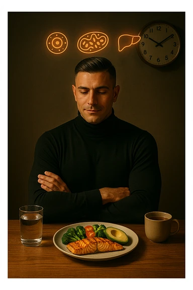 A realistic, cinematic illustration of a healthy, fit man in his early 30s with a calm, disciplined expression, sitting at a clean wooden table in the evening with a single, balanced, nutrient-dense meal in front of him (grilled salmon, colorful vegetables, avocado). The rest of the day he drinks only water and herbal tea, visible in a glass and a simple cup on the side. A wall clock in the background shows 6:00 PM, emphasizing that this is his only meal of the day (OMAD). Subtle glowing icons above him display a regenerating cell, mitochondria, and a liver symbol, representing autophagy, longevity, and health benefits of OMAD. The lighting is warm, with cinematic shadows and natural tones, creating a sense of discipline, mental clarity, and health optimization. The man looks centered and content, showing that OMAD is a conscious choice for energy and regeneration, not restrizione. The scene is realistic with slight film grain for depth sticker