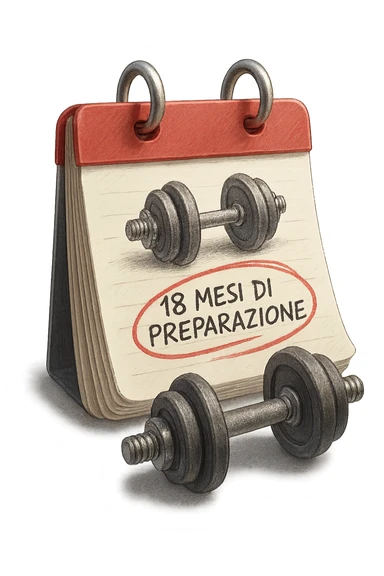 foglio di calendario con manubri da palestra disegnati e la scritta a penna "18 MESI DI PREPARAZIONE" CERCHIATA IN ROSSO, FALLO MOLTO REALISTICO IN 3D sticker