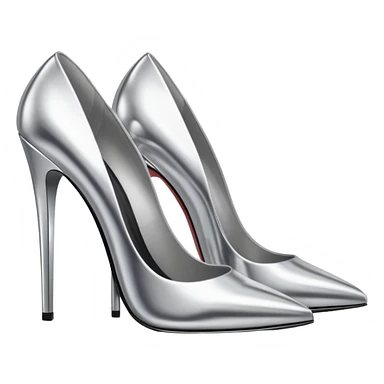 A pair of high heel shoes emoji made of polished silver chrome, elegant sharp silhouette, smooth metallic surface, glossy reflections, luxury sexy vibe, minimalistic iOS emoji style, centered, clean white background sticker