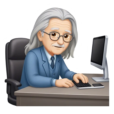 old person with long hair working behind a hotel desk.  sticker