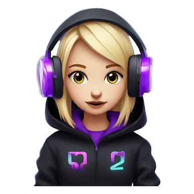 Russian cute blond girl wearing black hoody with violet letters "OMG", in vr headset. Cyberpunk style. Violet neon. sticker