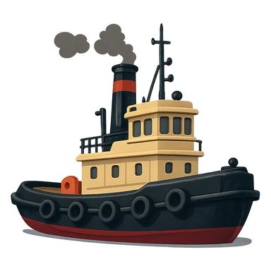 stylized illustration of tug boat with dark hull and cream yellow upper structure sticker
