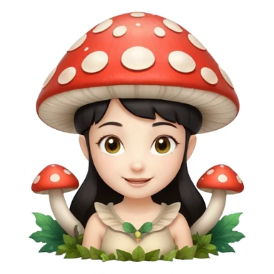 mushroom fairy portrait, head and shoulders only, wearing a large mushroom cap hat, tiny glowing wings visible behind shoulders, cute magical smile, forest fantasy vibe, 3D cartoon, mobile game icon style, clean background, no text, no watermark.balck hair sticker