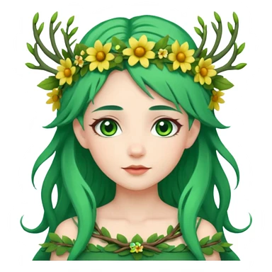 A forest princess with green hair, green eyes, wearing a wreath of flowers and branches sticker