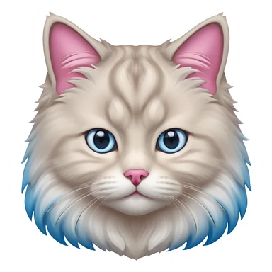 Fluffy Siberian cat face emoji, white and grey long hair, bright blue eyes, pink nose, friendly expression, 3D vector style, isolated on white background. sticker