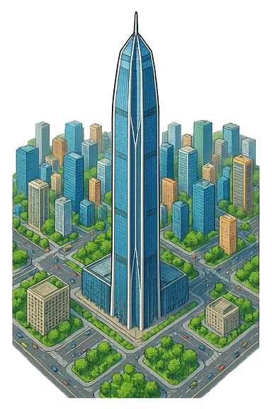 Изометричная, яркая, детализированная, объемная и фотореалистичная иллюстрация башни Ping An International Finance Centre. В стиле 3D-коллажей городов, насыщенные цвета, аккуратные и чёткие линии, мультяшно-реалистичная стилистика. Чёткие контуры, не размазанные линии, высокое качество, прозрачный фон, не обрезать края картинки sticker