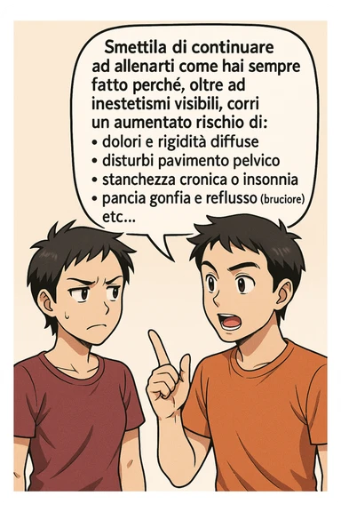 TRASFORMA QUESTO CAROSELLO IN UN FUMETTO STILE MANGA A COLORI CON QUESTE DUE PERSONE IDENTICHE CHE INTERLOQUISCONO TRA LORO:

LUI (UOMO): Smettila di continuare ad allenarti come hai sempre fatto perché, oltre ad inestetismi visibili, corri un aumentato rischio di:
    • dolori e rigidità diffuse
    • disturbi pavimento pelvico
    • stanchezza cronica o insonnia
    • pancia gonfia e reflusso (bruciore)
    • etc… sticker