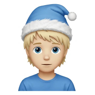 create boy blonde hair long messy, light eyes, white t shirt, rich, long hair, eyes blue, acessory head cristimas blue hat, fluffy hair medium long sticker