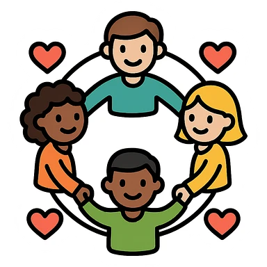 a group of diverse, happy people holding hands in a circle, with hearts and warm colors, friendly modern icon style, community of kindness sticker