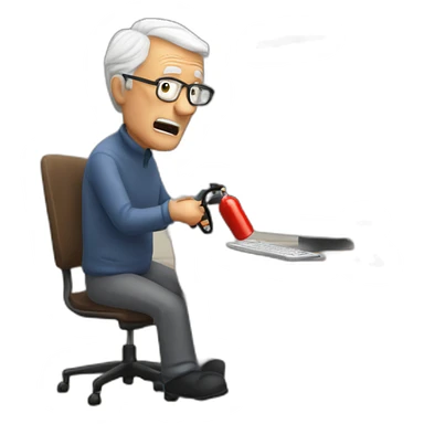 elderly man pointing fire extinguisher at a computer in fear sticker