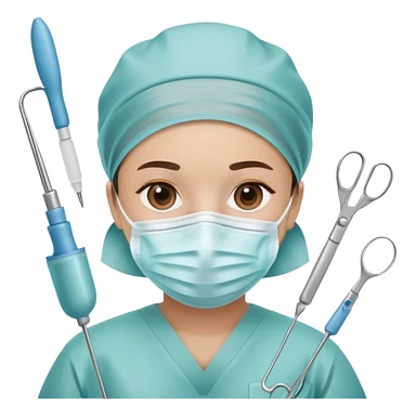 Surgeon in operating room with surgical mask and tools sticker