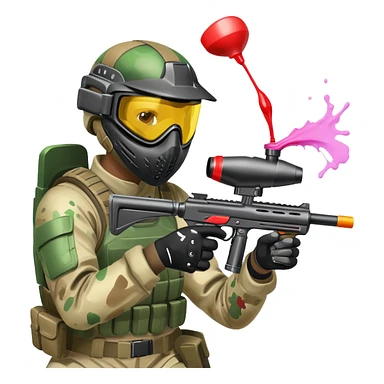A paintball player in full gear, aiming a paintball gun with focus and determination. The scene includes vibrant splashes of paint and a dynamic battlefield setting, emphasizing action, strategy, and teamwork in a competitive environment sticker