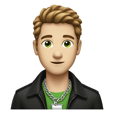 Brown luscious hair for a boy with a black jacket and silver chain across neck, green eyes sticker