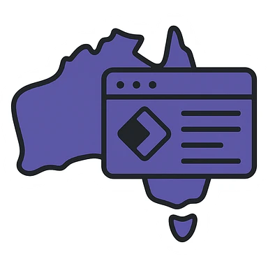 Integrate the official Microsoft Power Pages icon prominently into the map of Australia with digital web page overlay, use #403DAD as the main color, keep the modern and techy look, no text sticker