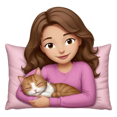 girl with wavy long brown hair, brown eyes, light to medium complexion, long lashes, light pink lipstick, smiling, wearing light pink shirt, sleeping on a cozy pillow, with brown tabby cat  sticker