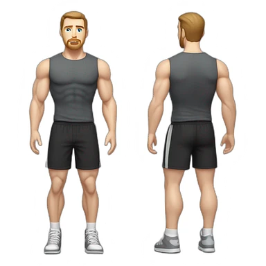Full height Pale skinned muscular man With Realistic eyes and mouth, light brown hair and stubble In dark gray sleeveless mike, black oversize sports shorts, watch and white sneakers. sticker