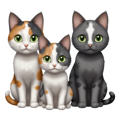 3 different coloured small cats including a dark grey and white, and a patchy calico with hazel eyes and a completely solid dark grey with green eyes and only white paws sticker