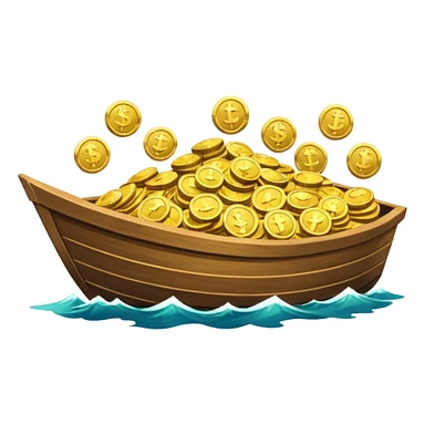 emoji of gold coins on the boat in the sea sticker