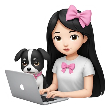 Asian girl long black hair, wearing a white t-shirt, working on an Apple laptop, next to her is a small black and white dog in pink bow sticker