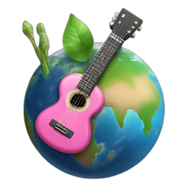 Big planet earth with a small guitar, a small green brush and a small pink skirt around sticker