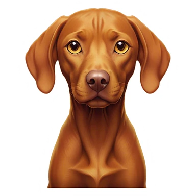 Cinematic Noble Vizsla Portrait Emoji, Poised and regal, with a sleek, athletic build and a short, smooth Fur of rust and gold, deep-set soulful amber eyes, Simplified yet sharp and sophisticated features, highly detailed, glowing with a soft, dignified glow, high shine, intelligent and agile, stylized with an air of determination, focused and attentive, soft glowing outline, capturing the essence of a watchful and confident companion, so majestic it feels as though it could sprint out of the screen with effortless authority! sticker
