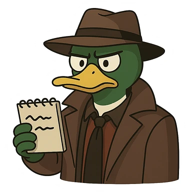Transform the duck detective into a mallard with a distinctive green head and brown chest, maintaining the cartoon detective style, with no background. sticker