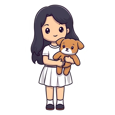 beautiful girl with long straight black hair wearing a white skirt holding a small brown curly teddy dog sticker